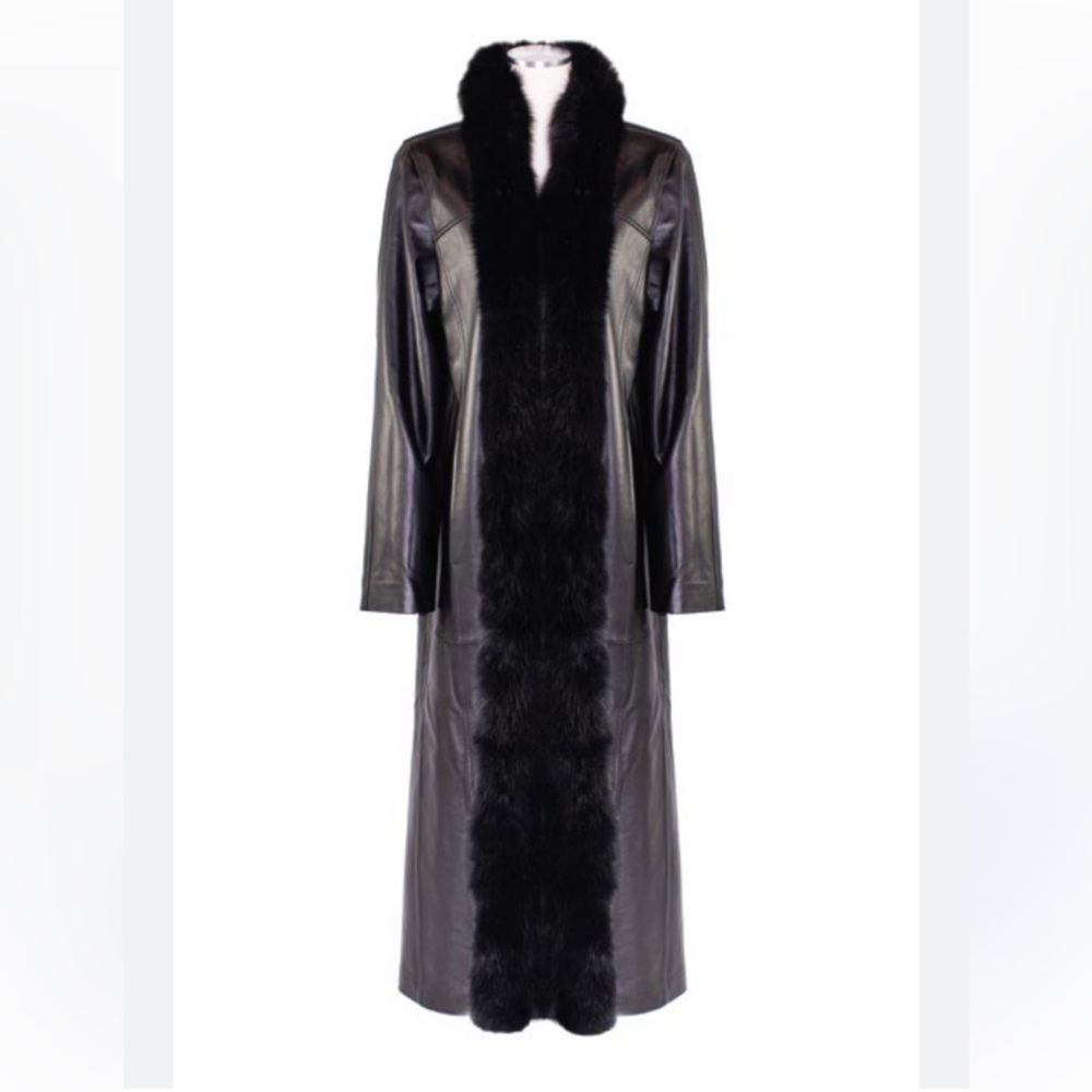 Genuine leather with real fox fur trim long trench coat. Vintage, mob wife Sz M